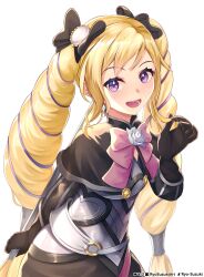 Rule 34 | 1girl, absurdres, artist name, black gloves, black ribbon, blonde hair, drill hair, elise (fire emblem), fire emblem, fire emblem fates, flower, gloves, hair ribbon, highres, long hair, looking at viewer, lower teeth only, nintendo, open mouth, pink ribbon, purple eyes, ribbon, ryo-suzuki, smile, solo, teeth, twin drills, twintails, very long hair, white background, white flower