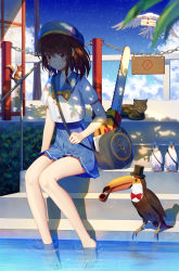 Rule 34 | 1girl, animal, bag, barefoot, beret, bird, black cat, black hat, blue hat, blue sailor collar, blue skirt, blue sky, blurry, blurry foreground, blush, bow, bowtie, braid, brown eyes, brown hair, cat, chain, chainsaw, closed mouth, cloud, commentary request, day, depth of field, hat, highres, ji dao ji, long hair, looking away, mini hat, mini top hat, mouth hold, no entry sign, orange bow, orange bowtie, original, outdoors, pleated skirt, red bow, red bowtie, road sign, sailor collar, school uniform, serafuku, shirt, short sleeves, shoulder bag, side braid, sign, single braid, sitting, sitting on stairs, skirt, sky, smile, smoking pipe, soaking feet, solo, squirrel, stairs, stone stairs, top hat, toucan, tree, water, white shirt