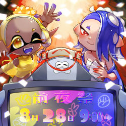 Rule 34 | 1boy, 2022, 2girls, ;d, arm up, big man (splatoon), blonde hair, blue hair, cephalopod eyes, chest sarashi, closed mouth, colored skin, confetti, crop top, cross-shaped pupils, crt, dark-skinned female, dark skin, dated, earrings, eyeliner, fangs, food, forehead, frye (splatoon), gradient hair, gradient skin, hachimaki, hair over one eye, hand fan, headband, hokkamuri, holding, holding fan, horizontal pupils, inkling, jewelry, long hair, looking at viewer, makeup, manta ray, multicolored hair, multicolored skin, multiple earrings, multiple girls, nejiri hachimaki, nintendo, octoling, one eye closed, open mouth, pointy ears, poncho, purple hair, purple skin, red eyeliner, red eyes, red pupils, red skin, rock paper scissors, sarashi, see-through, shiver (splatoon), sleeveless, smile, splatoon (series), splatoon 3, suction cups, symbol-shaped pupils, teeth, television, tempura, tentacle hair, two-tone hair, two-tone skin, yellow crop top, yellow eyes, yousagi