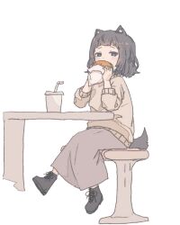 Rule 34 | 1girl, animal ears, black eyes, black footwear, black hair, blunt bangs, blush, bob cut, boots, brown skirt, brown sweater, burger, cup, disposable cup, dog ears, dog girl, dog tail, drink, drinking straw, eating, food, full body, grey skirt, holding, holding food, long skirt, long sleeves, looking at viewer, medium hair, original, short hair, simple background, sitting, skirt, solo, stool, sweater, table, tail, uzoumuzo, white background