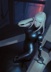 Rule 34 | 1girl, absurdres, arm behind head, black bodysuit, blame!, blurry, bodysuit, breasts, cibo, commentary request, cyberpunk, cyborg, depth of field, full body, glowing, highres, indoors, lips, long hair, looking at viewer, mechanical arms, mechanical legs, mintbreak, pale skin, prosthesis, realistic, science fiction, single mechanical arm, solo, white eyes, white hair