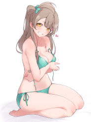 Rule 34 | 1girl, aqua bikini, aqua bow, bare arms, bare legs, bare shoulders, barefoot, bed sheet, bikini, blush, bow, breast hold, breasts, brown eyes, brown hair, cleavage, collarbone, commentary request, crossed arms, from side, full body, grin, hair bow, head tilt, heart, highres, long hair, looking at viewer, looking to the side, love live!, love live! school idol project, medium breasts, minami kotori, nasuno (nasuno42), one side up, seiza, side-tie bikini bottom, sitting, smile, solo, stomach, swimsuit, untied bikini, white background