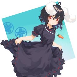 Rule 34 | 1girl, :3, absurdres, alternate color, animal ears, berabou, black dress, black hair, blush, carrot necklace, commentary request, dress, highres, inaba tewi, necklace, rabbit ears, rabbit girl, red eyes, ribbon-trimmed dress, short hair, skirt hold, smile, solo, touhou