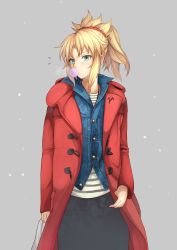 Rule 34 | 1girl, absurdres, bag, black skirt, blonde hair, blowing bubbles, blue jacket, blush, braid, breath, casual, chewing gum, coat, commentary request, contemporary, denim, denim jacket, fate/apocrypha, fate (series), french braid, green eyes, grey background, hair ornament, hair scrunchie, half up braid, high ponytail, highres, holding, holding bag, hood, hooded coat, jacket, long coat, long skirt, long sleeves, looking at viewer, medium hair, mordred (fate), mordred (fate/apocrypha), ohako (ohako1818), open clothes, open coat, pocket, ponytail, red coat, red scrunchie, scrunchie, shirt, sidelocks, simple background, skirt, snowing, solo, standing, striped clothes, striped shirt, white shirt, winter