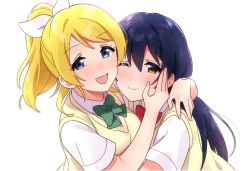 Rule 34 | 2girls, ayase eli, blonde hair, blue eyes, blue hair, blush, commentary request, hair ribbon, hand on another&#039;s cheek, hand on another&#039;s face, highres, hug, long hair, looking at viewer, love live!, love live! school idol project, multiple girls, nanatsu no umi, one eye closed, open mouth, otonokizaka school uniform, ponytail, ribbon, school uniform, shirt, simple background, smile, sonoda umi, swept bangs, white background, white shirt, yellow eyes