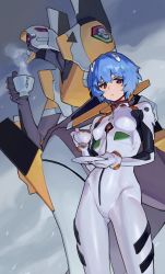 Rule 34 | 1girl, ayanami rei, blue hair, bodysuit, breasts, commentary, cup, english commentary, eva 00, evangelion (mecha), from below, holding, holding cup, interface headset, looking at viewer, mecha, medium breasts, neon genesis evangelion, one-eyed, pilot suit, plugsuit, red eyes, robot, short hair, some1else45, standing, teacup, white bodysuit