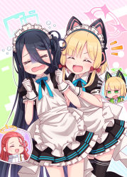 Rule 34 | &gt; &lt;, 4girls, absurdly long hair, alternate costume, animal ear headphones, animal ears, apron, aris (blue archive), aris (maid) (blue archive), black dress, black legwear, blonde hair, blue archive, blue bow, blue hair, blue neckwear, blunt bangs, bow, cat ear headphones, closed eyes, dark blue hair, dress, enmaided, fake animal ears, frilled apron, frilled dress, frills, gloves, green eyes, hair between eyes, hair bow, halo, harada (sansei rain), headphones, highres, long hair, long hair between eyes, maid, maid apron, maid headdress, midori (blue archive), momoi (blue archive), multiple girls, neck ribbon, open mouth, puffy short sleeves, puffy sleeves, red bow, red hair, ribbon, short sleeves, siblings, sisters, smile, thighhighs, twins, very long hair, white apron, white gloves, wrist cuffs, yuzu (blue archive)
