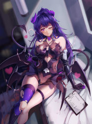 Rule 34 | 1girl, ;), absurdres, arm support, bare shoulders, black gloves, blush, boots, braid, breasts, clothing cutout, demon girl, demon tail, demon wings, elbow gloves, gloves, heart cutout, highres, honkai (series), honkai impact 3rd, horns, knee boots, large breasts, lightning, long hair, looking at viewer, on bed, one eye closed, open mouth, parted lips, ponytail, pubic tattoo, purple eyes, purple hair, raiden mei, raiden mei (lightning empress), revealing clothes, shiny skin, side braid, single thighhigh, skindentation, smile, solo, tail, tattoo, thigh strap, thighhighs, thighs, torn clothes, torn thighhighs, very long hair, wings, zomzomzomsauce
