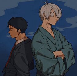 Rule 34 | 2boys, ahoge, back-to-back, character request, formal, from side, height difference, highres, japanese clothes, kimono, looking at another, looking back, male focus, multiple boys, profile, sanpaku, scar, scar across eye, smoking, suit, tareme, thick eyebrows, tonta (tonta1231), upper body, white hair