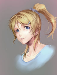Rule 34 | 10s, 1girl, ajishio, ayase eli, blonde hair, blue eyes, blush, hair ornament, hairclip, long hair, looking at viewer, love live!, love live! school idol festival, love live! school idol project, parted lips, ponytail, scrunchie, shirt, short hair, smile, solo, t-shirt