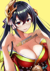 Rule 34 | 1girl, absurdres, azur lane, bare shoulders, black hair, blush, breasts, cleavage, collarbone, eroge- (artist), folding fan, hair ornament, hair ribbon, hand fan, highres, holding, holding fan, japanese clothes, kimono, large breasts, long hair, looking at viewer, off shoulder, red eyes, ribbon, smile, solo, taihou (azur lane), twintails, upper body