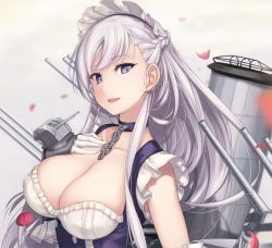 Rule 34 | 1girl, apron, azur lane, belfast (azur lane), blue eyes, blush, braid, breasts, cannon, chain, cleavage, collar, collarbone, dress, french braid, frills, gauntlets, gloves, large breasts, long hair, looking at viewer, machinery, maid, maid headdress, open mouth, rigging, rokuwata tomoe, sidelocks, silver hair, smile, solo, upper body, white gloves