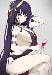 Rule 34 | 10ayu, 1girl, bad id, bad pixiv id, bare legs, bare shoulders, blunt bangs, breasts, choker, cleavage, crossed legs, cup, dress, drinking glass, from side, genshin impact, hair ornament, hand in own hair, highres, large breasts, legs, long hair, looking at viewer, purple dress, purple eyes, purple hair, raiden shogun, revealing clothes, sideboob, sitting, sleeveless, sleeveless dress, solo, thighs