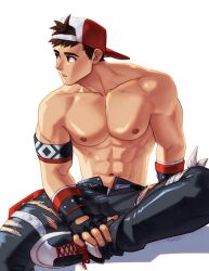 Rule 34 | 1boy, abs, armband, backwards hat, bara, beom liben, black gloves, black pants, brown eyes, brown hair, commission, commissioner upload, fingerless gloves, foot out of frame, gloves, hat, highres, leather, leather pants, looking to the side, male focus, mondoart, muscular, muscular male, navel, nipples, open pants, original, pants, parted lips, partially unzipped, pectorals, shadow, short hair, simple background, sitting, solo, topless male, torn clothes, torn pants, white background