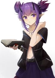 Rule 34 | 1girl, arknights, azuazu 0405, black shirt, book, commentary request, gradient background, grey background, hand up, highres, holding, holding book, horns, lava (arknights), navel, pointy ears, purple eyes, purple hair, purple skirt, shirt, short hair, short sleeves, sidelocks, skirt, solo, twintails, upper body, white background