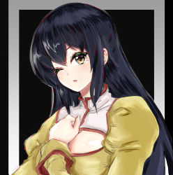 Rule 34 | 1girl, agent aika, aika (series), blue hair, breasts, brown eyes, cleavage, cleavage cutout, clothing cutout, delmo, delmogeny uniform, derivative work, dress, golden delmo, hand on own chest, highres, jmdyer000, juliet sleeves, long hair, long sleeves, looking at viewer, medium breasts, one eye closed, parted lips, puffy sleeves, rie petoriyacowa, simple background, solo, upper body, yellow dress