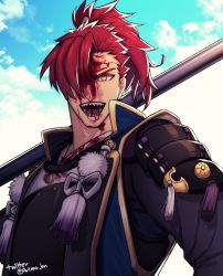 Rule 34 | 1boy, arima (arima bn), blood, blood on face, fate/grand order, fate (series), hair over one eye, japanese clothes, koha-ace, looking at viewer, male focus, mori nagayoshi (fate), open mouth, polearm, ponytail, red hair, sharp teeth, sky, teeth, upper body, weapon, yellow eyes