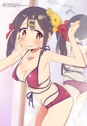 Rule 34 | 1girl, absurdres, ass, blush, breasts, brown hair, changing room, cleavage, flower, hair flower, hair ornament, hairclip, hand on own cheek, hand on own face, heart, heart necklace, highres, indoors, jewelry, large breasts, magazine scan, megami magazine, mirror, multi-strapped bikini bottom, necklace, official art, onii-chan wa oshimai!, oyama mihari, scan, sideboob, thighs, twintails