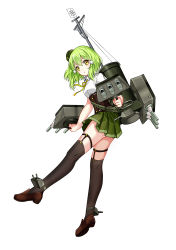Rule 34 | 1girl, ankle strap, bad id, bad pixiv id, black thighhighs, cannon, corset, frown, garter straps, green hair, hair ribbon, hat, looking at viewer, machinery, mast, mini hat, new orleans (warship girls r), official art, pleated skirt, radar, ribbon, short hair, skirt, solo, thigh strap, thighhighs, tress ribbon, turret, warship girls r, yellow eyes, zhenming