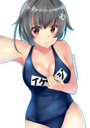 Rule 34 | 1girl, absurdres, alternate costume, black hair, blue one-piece swimsuit, breasts, cleavage, collarbone, covered navel, hair between eyes, hair flaps, hair ornament, highres, himura moritaka, jingei (kancolle), kantai collection, large breasts, lips, long hair, low ponytail, name tag, new school swimsuit, one-piece swimsuit, red eyes, school swimsuit, selfie, simple background, solo, swimsuit, twitter username, whale hair ornament, white background