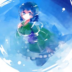 Rule 34 | 1girl, bad id, bad twitter id, blue eyes, blue hair, drill hair, fins, gradient background, head fins, japanese clothes, kimono, long sleeves, looking at viewer, matching hair/eyes, mermaid, monster girl, nr (cmnrr), obi, sash, short hair, smile, solo, submerged, touhou, wakasagihime, water, wide sleeves