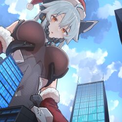 Rule 34 | 1girl, absurdres, ahoge, bare shoulders, blue hair, blue sky, blush, bodysuit, breasts, christmas, cityscape, cloud, cloudy sky, dragon girl, dragon horns, from below, giant, giantess, hat, highres, horns, large breasts, looking at viewer, natsukaze shigure, open mouth, original, red eyes, short hair, skin tight, sky, solo, standing, upper body