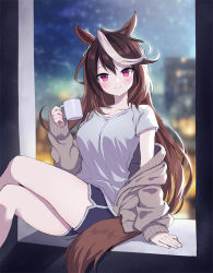 Rule 34 | 1girl, alternate costume, animal ears, blurry, blurry background, blush, breasts, brown hair, cardigan, closed mouth, crossed legs, cup, dolphin shorts, feet out of frame, hand up, holding, holding cup, horse ears, horse girl, horse tail, long hair, looking at viewer, mauve, medium breasts, multicolored hair, off shoulder, red eyes, shirt, short sleeves, shorts, sitting, smile, solo, streaked hair, symboli rudolf (umamusume), tail, umamusume, white shirt