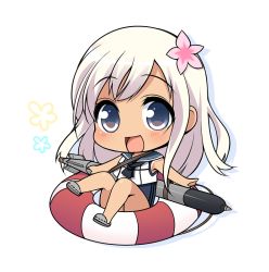 Rule 34 | 10s, 1girl, blonde hair, blue eyes, chibi, crop top, kantai collection, lifebuoy, one-piece tan, ro-500 (kancolle), sailor collar, school swimsuit, shirogane rio (artist), solo, swim ring, swimsuit, swimsuit under clothes, tan, tanline, torpedo