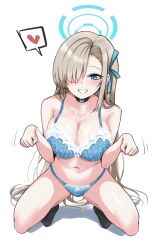 Rule 34 | 1girl, asuna (blue archive), black choker, black socks, blue archive, blue bra, blue eyes, blue halo, blue panties, blue ribbon, blush, bow, bow bra, bow panties, bra, breasts, choker, cleavage, commentary request, full body, grin, hair over one eye, hair ribbon, halo, heart, highres, large breasts, light brown hair, long hair, looking at viewer, mole, mole on breast, navel, no shoes, panties, ribbon, rumiya9i, simple background, smile, socks, solo, spoken heart, squatting, underwear, underwear only, white background