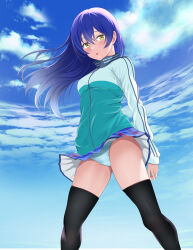 Rule 34 | 1girl, absurdres, aqua jacket, black thighhighs, blue hair, blue panties, blue skirt, blue sky, borgbutler, clothes lift, cloud, cloudy sky, commentary request, crotch seam, day, highres, jacket, long hair, long sleeves, looking at viewer, love live!, miniskirt, outdoors, panties, partial commentary, pleated skirt, skirt, skirt lift, sky, solo, sonoda umi, standing, thighhighs, track jacket, underwear, wind, wind lift, yellow eyes