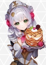Rule 34 | 1girl, armor, armored dress, breasts, cleavage, eyelashes, flower, food, fruit, galibo, gauntlets, genshin impact, green eyes, hair flower, hair ornament, highres, holding, holding food, holding plate, large breasts, lighter-than-air pancake (genshin impact), looking at viewer, maid, maid headdress, neckerchief, noelle (genshin impact), pancake, plate, rose, simple background, smile, solo, strawberry, sugar (food), whipped cream, white hair