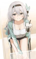 Rule 34 | 1girl, absurdres, alternate costume, aqua jacket, black hairband, black shorts, breasts, cleavage, collarbone, cup, disposable cup, dolphin shorts, firefly (honkai: star rail), from above, hair between eyes, hair ornament, hairband, highres, holding, holding cup, honkai: star rail, honkai (series), jacket, light blush, long hair, long sleeves, looking at viewer, medium breasts, on chair, open clothes, open jacket, red eyes, shirt, shorts, sitting, sleeves past wrists, smile, solo, syhan, white hair, white shirt