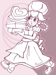 Rule 34 | 1girl, apron, artist name, ball earrings, biscuit (bread), blush, boots, braid, cake, chef hat, earrings, food, hat, heart, jewelry, m4carunes, mario (series), nintendo, patissiere peach, princess peach, princess peach: showtime!, solo
