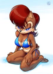 Rule 34 | 1girl, animal ears, animal nose, barefoot, bikini, blue bikini, blue eyes, breasts, brown fur, cleavage, commentary, english commentary, full body, furry, furry female, half-closed eyes, highres, looking at viewer, medium breasts, medium hair, navel, overlord jc, pinup (style), red hair, sally acorn, seiza, side-tie bikini bottom, sitting, snout, soles, solo, sonic (series), sonic the hedgehog (satam), swimsuit, tail, toes, two-tone fur