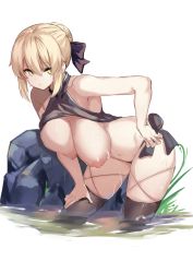 Rule 34 | 1girl, alternate breast size, artoria pendragon (all), artoria pendragon (alter swimsuit rider) (first ascension) (fate), artoria pendragon (fate), bad id, bad twitter id, bare shoulders, bikini, bikini top lift, black bikini, black bow, blonde hair, blush, bow, braid, breasts, clothes lift, fate/stay night, fate (series), french braid, hair between eyes, hair bow, hair bun, highres, large breasts, leaning forward, long hair, looking at viewer, navel, nipples, saber alter, sidelocks, simple background, single hair bun, solo, spider apple, swimsuit, thighs, wading, water, white background, yellow eyes