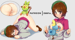 Rule 34 | 1girl, animal, anus, ass, beret, bestiality, blush, bottomless, breasts, brown eyes, brown hair, creatures (company), cum, cum in pussy, eyebrows, game freak, gen 8 pokemon, gloria (pokemon), grookey, hat, highres, matching hair/eyes, nintendo, pokemon, pokemon (creature), pokemon swsh, pokephilia, shirt, short hair, simple background, smile, sobble, sweater, tail, tongue, tongue out, z666ful