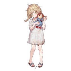 Rule 34 | 1girl, artist request, bandaid, bandaid on knee, bandaid on leg, blonde hair, braid, child, closed mouth, cotton ball, dirty, dirty clothes, dirty face, doll, dress, feet, freckles, full body, girls&#039; frontline, green eyes, holding, holding doll, holding stuffed toy, long hair, looking at viewer, official art, orphan girl (girls&#039; frontline), sandals, shirt, short sleeves, simple background, solo, standing, stuffed toy, toenails, toes, transparent background, twin braids, unkempt, white dress, white shirt