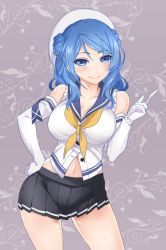 Rule 34 | 10s, 1girl, blue eyes, blue hair, blush, breasts, buttons, cleavage, clenched hand, closed mouth, collarbone, contrapposto, cowboy shot, double bun, eyebrows, gloves, hair bun, hand on own hip, hat, index finger raised, kantai collection, large breasts, long hair, looking at viewer, matching hair/eyes, miniskirt, navel, patterned background, pleated skirt, school uniform, serafuku, shirt, skirt, sleeveless, solo, standing, stomach, sumeragi hamao, swept bangs, unbuttoned, urakaze (kancolle), white gloves, white hat, white shirt