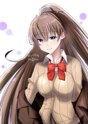 Rule 34 | 1girl, bow, bowtie, breasts, brown cardigan, brown hair, brown jacket, cardigan, collared shirt, green eyes, highres, jacket, kantai collection, kimura shiki, kumano (kancolle), kumano kai ni (kancolle), large breasts, long hair, one-hour drawing challenge, ponytail, red bow, red bowtie, school uniform, shirt, smile, solo, upper body, white shirt