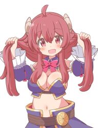 Rule 34 | 1girl, :d, ahoge, bare shoulders, blush, bow, bowtie, breasts, bunching hair, cleavage, commentary request, crisis management form (machimazo), curled horns, demon girl, demon horns, demon tail, detached collar, detached sleeves, fangs, frilled sleeves, frills, hands up, holding, holding own hair, horns, large breasts, long hair, long sleeves, looking at viewer, machikado mazoku, navel, open mouth, pink bow, pink bowtie, pon sugar, red eyes, red hair, sidelocks, simple background, skin fangs, smile, solo, stomach, tail, twintails, upper body, very long hair, wavy hair, white background, wide sleeves, yoshida yuuko (machikado mazoku)