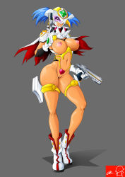 Rule 34 | 1girl, angel beretta, angel blade, angel blade punish, bare legs, blue hair, boots, breasts, cape, capelet, dark-skinned female, dark skin, dual wielding, female focus, full body, functionally nude, gloves, grey background, gun, handgun, helmet, highres, holding, large breasts, looking at viewer, magnum, naked cape, navel, nipples, pistol, pubic tattoo, puffy areolae, puffy nipples, pussy, revealing clothes, short hair, sidearm, simple background, solo, standing, tattoo, thigh strap, twintails, uncensored, underlug, visor, weapon, white footwear, white gloves, witchking00