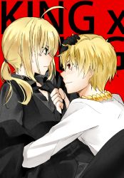 Rule 34 | 1boy, 1girl, ahoge, artoria pendragon (all), artoria pendragon (fate), blonde hair, blue eyes, blush, clothes grab, english text, fate/stay night, fate/zero, fate (series), formal, gilgamesh (fate), gloves, green eyes, hand on head, hetero, hug, jewelry, kurot, necklace, necktie, necktie grab, neckwear grab, official alternate costume, pant suit, pants, ponytail, pushing, red eyes, saber (fate), short hair, smile, suit, sweatdrop