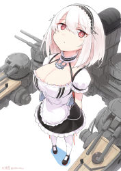 Rule 34 | 1girl, anchor necklace, apron, arms behind back, azur lane, black footwear, blush stickers, breasts, cleavage, detached collar, dress, expressionless, foreshortening, frilled skirt, frills, from above, full body, hair between eyes, hairband, highres, large breasts, looking back, maid apron, miniskirt, necklace, red eyes, senhappyaku, shoes, short hair, signature, silver hair, simple background, sirius (azur lane), skirt, solo, thighhighs, turret, white background, white thighhighs