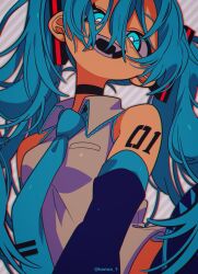 Rule 34 | 1girl, absurdres, aqua eyes, bare shoulders, black choker, blue hair, blue necktie, breasts, bright pupils, choker, collared shirt, detached sleeves, grey shirt, hair ornament, hashtag-only commentary, hatsune miku, highres, kansou (kanso 1), long bangs, looking at viewer, necktie, number tattoo, open mouth, shirt, sleeveless, sleeveless shirt, small breasts, solo, tattoo, teeth, twintails, upper body, vocaloid, white pupils