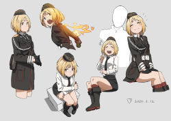 Rule 34 | 1girl, black footwear, black gloves, black headwear, black jacket, black necktie, black skirt, blonde hair, blouse, blush, boots, breasts, brown eyes, closed eyes, closed mouth, cropped legs, dated, full body, girls&#039; frontline, gloves, hat, highres, jacket, looking at viewer, looking away, military, military hat, military uniform, mp40 (girls&#039; frontline), multiple persona, necktie, open mouth, shirt, short hair, simple background, sitting, skirt, smile, socks, standing, teeth, triangle bullet, uniform, upper teeth only, white shirt