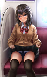 Rule 34 | 1girl, black hair, black thighhighs, blue buruma, blush, bow, bowtie, brown cardigan, brown eyes, buruma, buruma under skirt, cardigan, closed mouth, clothes lift, collared shirt, commentary request, embarrassed, highres, lifting own clothes, looking at viewer, open collar, original, plaid, plaid bow, plaid bowtie, red bow, red bowtie, school uniform, seat, shirt, skindentation, skirt, skirt lift, sleeves past wrists, smile, solo, thighhighs, train interior, white shirt, wing collar, yukemuriganmo