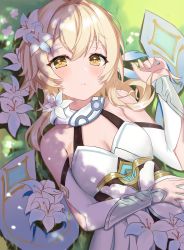 Rule 34 | 1girl, absurdres, bare shoulders, blonde hair, blush, breasts, cleavage, dress, flower, genshin impact, highres, lumine (genshin impact), lying, on back, parted lips, sidelocks, sleeveless, sleeveless dress, solo, takeawatch, yellow eyes