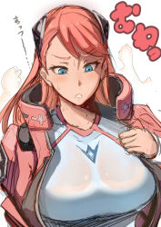 Rule 34 | 1girl, aida rayhunton, blue eyes, breasts, gundam, gundam g no reconguista, highres, large breasts, long hair, nuezou, open clothes, pink hair, see-through, solo, sweat, wet, wet clothes