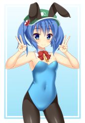 Rule 34 | 1girl, adapted costume, animal ears, bare arms, bare shoulders, black pantyhose, blue eyes, blue hair, blue leotard, blush, bow, bowtie, breasts, cleavage, closed mouth, covered navel, cowboy shot, detached collar, double v, eyebrows, fake animal ears, hair bobbles, hair ornament, hairband, hands up, highres, houkiboshi, kawashiro nitori, key, legs apart, leotard, looking at viewer, matching hair/eyes, medium breasts, neck ribbon, pantyhose, playboy bunny, rabbit ears, red bow, red bowtie, red ribbon, ribbon, small breasts, smile, solo, strapless, strapless leotard, touhou, two side up, v