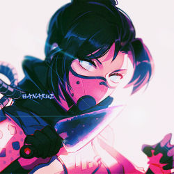 Rule 34 | 1girl, animification, apex legends, artist name, bad id, bad pixiv id, black hair, blue eyes, bodysuit, breasts, commentary, eyelashes, glint, gloves, hair bun, hands up, highres, holding, holding knife, holding weapon, hope&#039;s dusk (apex legends), knife, kunai, mask, ninja, road 233, scarf, short hair, single hair bun, solo, upper body, void specialist wraith, weapon, wraith (apex legends)